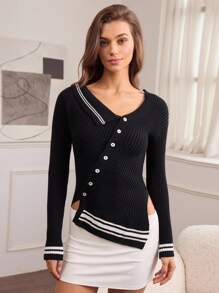 Hanevo 女士时尚通勤撞色条纹不对称开衫 - 黑色 - 查看 1