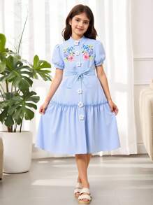 SHEIN 女童花卉印花领口前开泡泡袖连衣裙（配腰带） - 藍色 - 查看 8