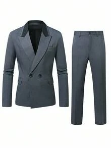 Manfinity Mode 男士修身双排扣西装套装 - 深灰色 - 查看 4