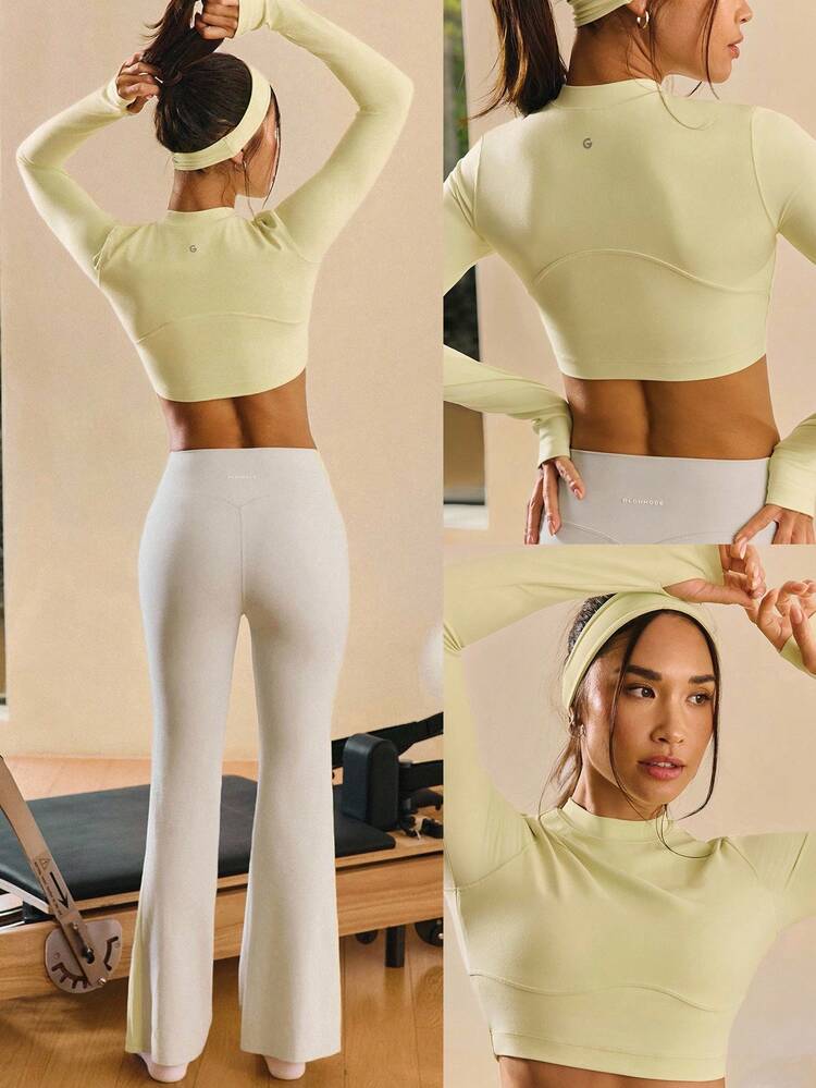 FeatherFit™ Flattering Seams Cropped Length Long-Sleeve Top With Thumbholes Low Impact Yoga Pilates Studio Daily Casual Wear Removable Cups  Spring Summer