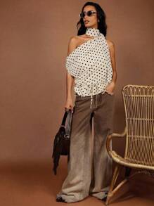 COSMINA 女士优雅露背圆点印花无袖四季上衣圆点上衣单肩衬衫四季，女士外出上衣，波西米亚风女装，可爱