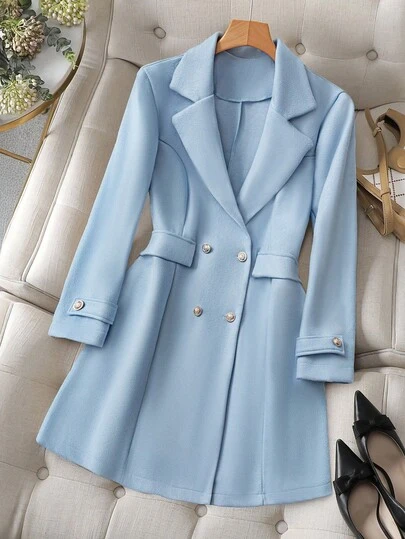 GlowEve CURVE Fashionable Mid-Length Plus Size Woolen Coat With Waist Cinching, Gold Button Decor, High-End Style Suitable For Gatherings, Casual, Commuting, Valentine's Day, Halloween Winter Fall Autumn