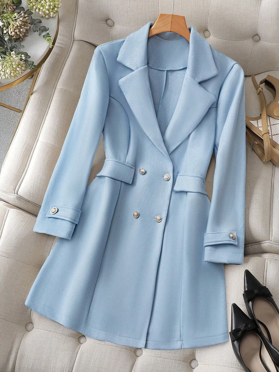 GlowEve CURVE Áo khoác len dài vừa phải thời trang cỡ lớn có dây thắt eo, trang trí nút vàng, phong cách cao cấp thích hợp cho các buổi tụ tập, thường ngày, đi làm, ngày lễ tình nhân, lễ Halloween - Màu xanh nhạt - Xem 1