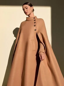 CLARA VERO Camel Wool Cape Overcoat For Women – Elegant Double-Breasted Winter Cloak With Belt, High Neck, And Button Details - Camel - View 4