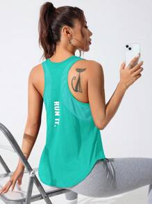 CourtClass Women's Letter Patchwork Print Racerback Sports Tank Top Activewear Tank Top Workout Tank - Green - View 3