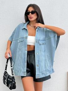 EURMUSE 100%Cotton Flap Pocket Batwing Sleeve Denim Jacket - Light Wash - View 6