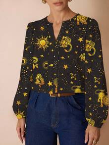 Shutterstock Glamance Astrologiedruck Lässig Minimalistisches Damen Shirt, geeignet für Herbst Damen Oberteile Damen Blusen Langarm Astrologie Shirt Himmlische Bluse Sternhemd Himmlisches Hemd Sternzeichen Hemd