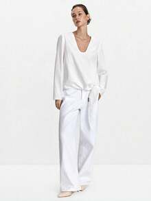 Lumivelle 女式V领长袖系带下摆衬衫，秋季 - 白色 - 查看 4