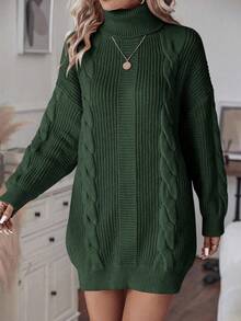 EMERY ROSE 女士休闲宽松针织高领落肩长袖麻花连衣裙，秋季 - 綠色 - 查看 7