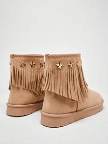 Solezae 迷人女士灰褐色绒面星星装饰流苏平底踝靴，舒适初秋冬季雪地保暖鞋 - 米色 - 查看 7