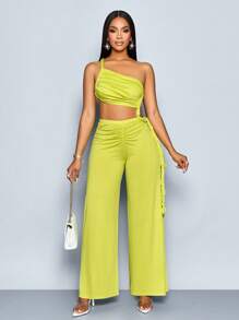 SOLERSUN 女式夏季性感纯色不对称领口褶饰修身镂空连体裤 - 黃色 - 查看 4