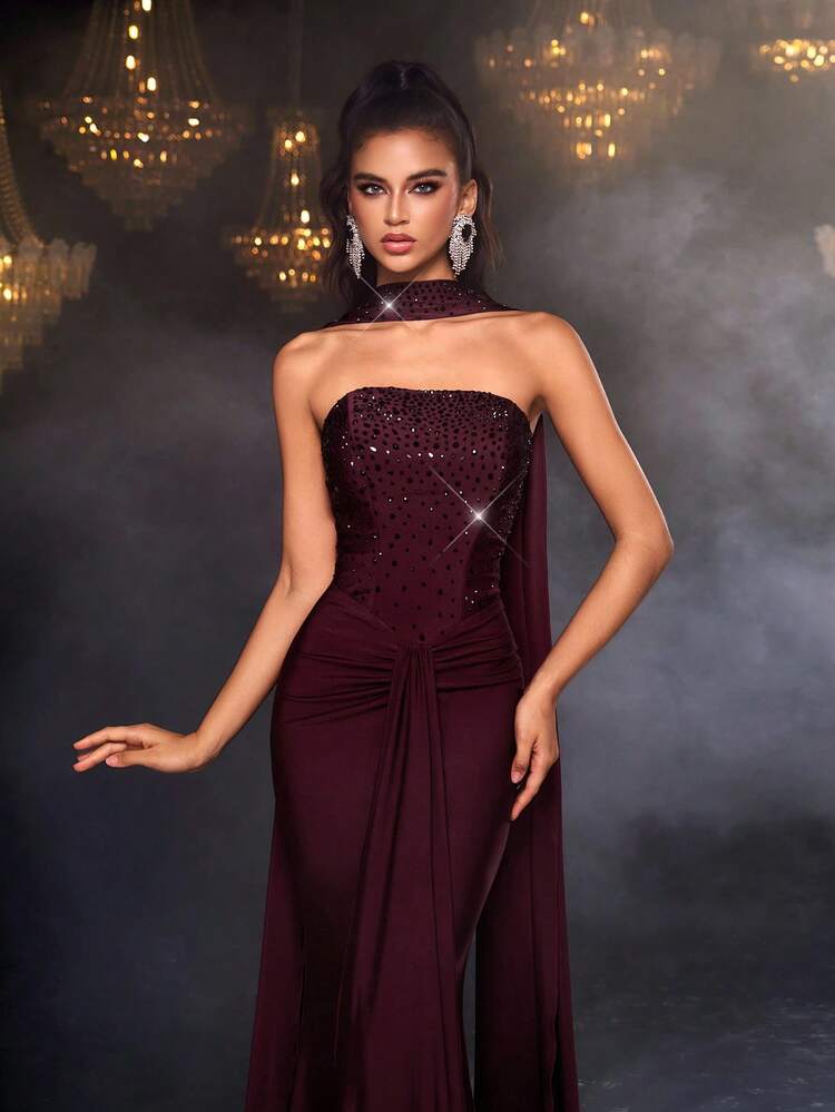 Glamrae Elegant, Luxurious, Rhinestone Embellished Sexy Bandeau Elastic Knit Mermaid Dress, Suitable For Weddings, Singles Parties, Vacations, Galas, Formal Events (Heavy Embellishment) - Burgundy - View 4