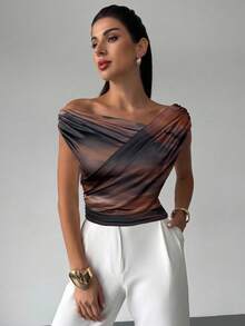 Firerie 女式优雅简约日常通勤时尚都市时尚平价褶皱图案印花修身上衣，秋季 - 彩色 - 查看 3