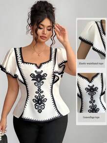 Elenzga Halloween Plus Size Women Floral Print Ruffle Hem Short Sleeve Fitted Blouse - Multicolor - View 4