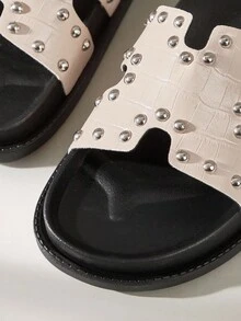 Solecia Women's Fashion Black Simple Metal Studded Double Layer Thick Sole Comfortable Slip-On Mules, Suitable For Commuting, Dates, Parties And Other Occasions