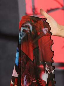 IT x SHEIN 大码女式恐怖图案荷叶边薄纱修身上衣，适合万圣节穿着，大码女式万圣节服装，万圣节小丑回魂服装，大码女式小丑潘尼怀斯服装，适合曲线身材女性的万圣节服装，秋季女式恐怖元素上衣，拉斯维加斯之夜，曲线生日节，曲线音乐会 - 彩色 - 查看 7