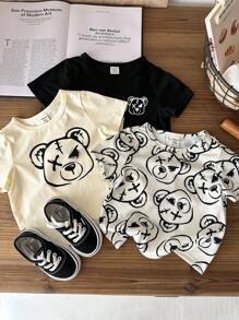 SHEIN 男嬰女嬰韓風小熊印花寬鬆短袖針織T恤套裝，三件套三種顏色，圓領設計