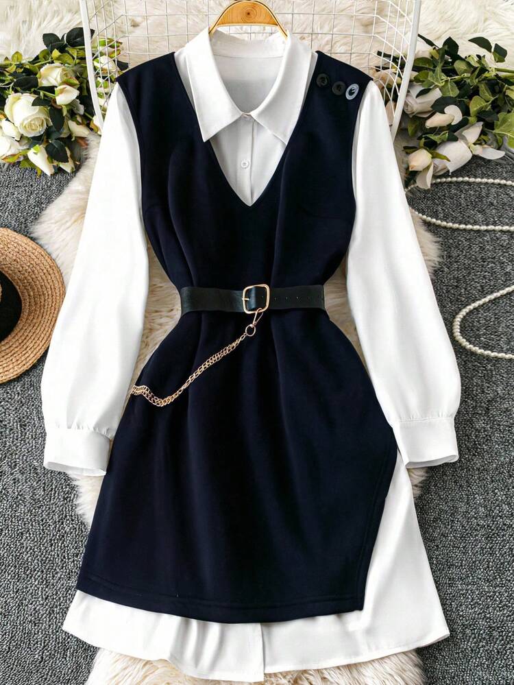 SHEIN Clasi Plus Size Commuter Casual White Shirt Dress, Knit Vest, Cinched Waist With Metal Chain Decor, Slimming 2-Piece Set Fall Cloth For Women