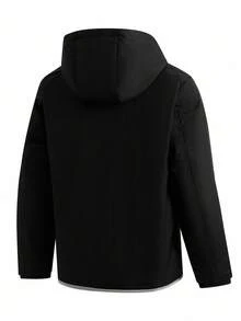 Manfinity Homme Jaket Musim Dingin Kasual Pria Ukuran Besar Warna Polos Lengan Panjang Berkerudung dengan Resleting Depan dan Kantong Besar Berlapis Termal - Hitam - View 2
