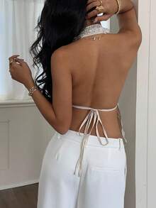 SHEIN Frenchy Áo hở lưng gợi cảm đính sequin dành cho nữ, thích hợp cho kỳ nghỉ nhiệt đới, lễ hội, bãi biển, phong cách boho, dễ thương, công sở, đi làm, màu mơ thanh lịch, đi chơi. - Màu be - Xem 2