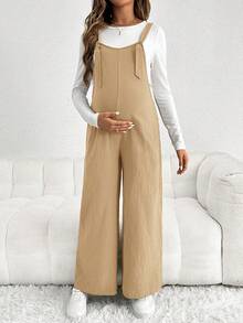 SHEIN 孕妇休闲可调节肩带宽松连体裤 - 卡其色 - 查看 4