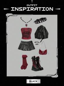 ROMWE Grunge Punk 红色 & 黑色金属扣厚底中筒系带朋克及膝靴