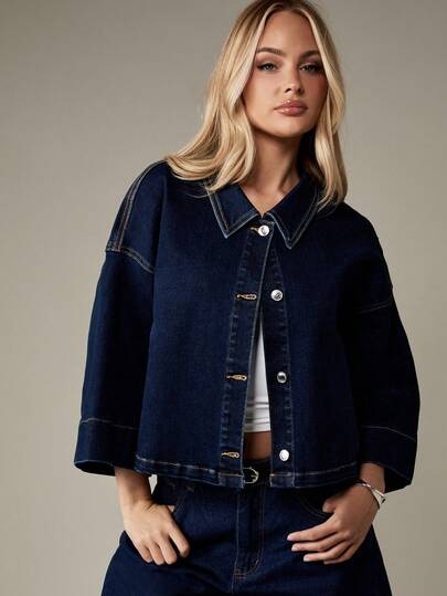 MISSGUIDED 女式短款牛仔夹克七分袖超大纽扣式卡车司机服秋春时尚休闲街头风格日常穿着