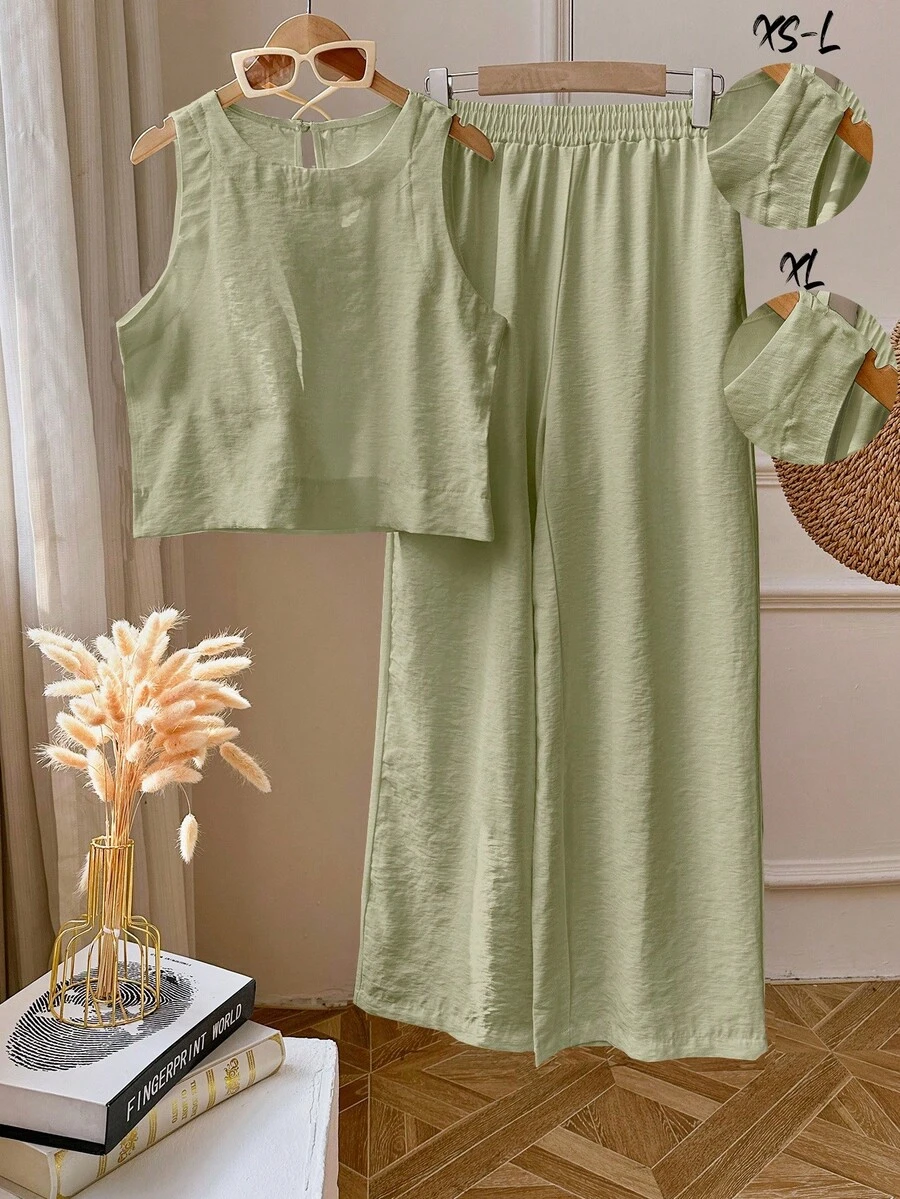 2pcs/Set Women Solid Color Sleeveless Top And Leggings Set