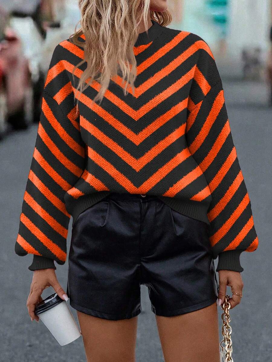 SHEIN LUNE 女式条纹落肩长袖灯笼袖宽松套头衫 - 黑色 - 查看 1