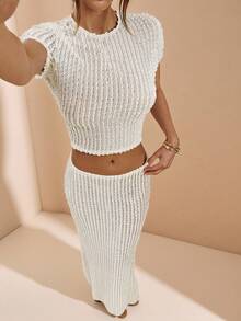 SHEIN BAE 女式纯白色褶皱透明纹理短袖上衣、女式 T 恤、纹理衬衫，适合外出、春夏季 - 杏色 - 查看 1