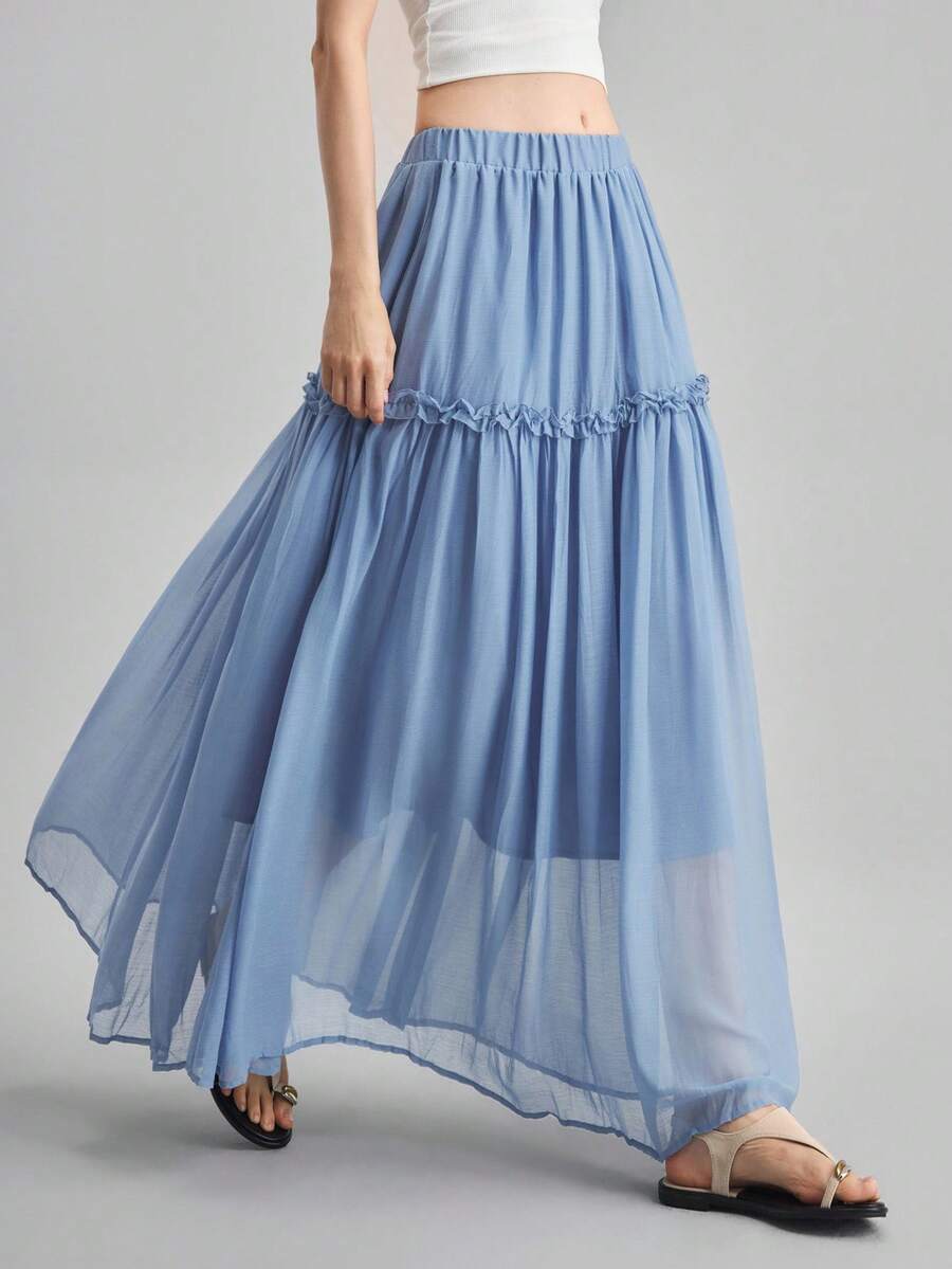 Ontre 2025 New Women's Skirt, Autumn/Winter, Modern Urban Style, Blue, Elastic Waist Loose Fit, Business Casual, Commute, Daily Wear, Christmas, Halloween, Holiday, Party, Fitted, Pleated Design, Transparent, Women Office, Wedding Guest Attire, Versatile - Green - View 1