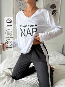 EURMUSE 2 Pcs Cotton Contrast Colour V Neck & Slogan Detail Lounge Set - White - View 1