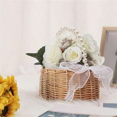 1 件婚礼编织花篮，带珍珠手柄，优雅蝴蝶结装饰，便携式多功能，适用于家庭藤条存储和杂物整理器，圣诞节、情人节、感恩节，乡村风格