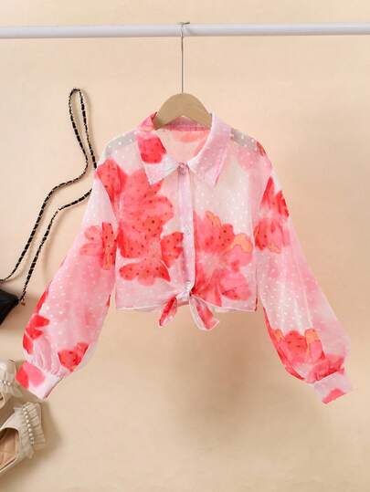 SHEIN Camisa de manga larga con cuello y estampado floral informal para niña preadolescente