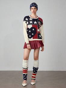 ROMWE J-Fashion Y2K 复古五角星条纹美式休闲女毛衣 - 藍色 - 查看 7