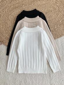 SHEIN LMoss Kids Young Girl Solid Color Knit Casual Sweater,In Fall/Winter - Multicolor - View 4