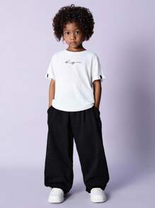 Young Boy Round Neck Casual Turnover Letter Print Short Sleeve T-Shirt - White - View 4