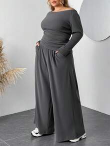 SHEIN CURVE+ 2 Stück/Set Damen Große Größen Grau Langarm T-Shirt und Hose Strick Slim Fit Anzug/Herbst/Winter - Dunkelgrau - Übersicht 4