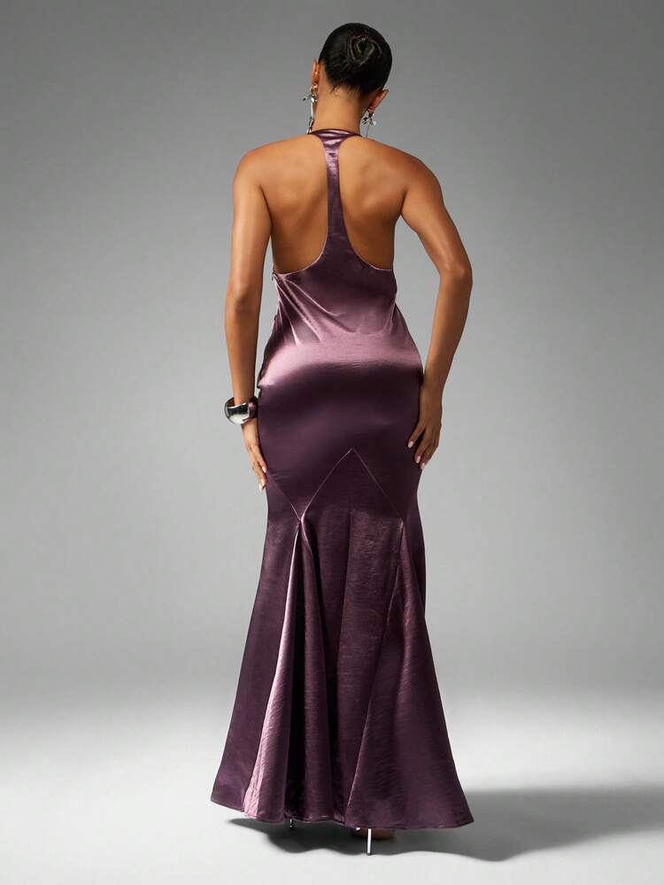 MISSGUIDED Robe de soirée sirène en satin élégante, robe de cérémonie à col montant, robe de mariage, de bal, de soirée, longueur au sol, ajustée
