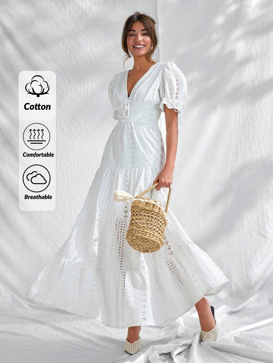 CLARA VERO 女式纯色前蝴蝶结和纽扣细节短袖棉质刺绣连衣裙 - 白色 - 查看 1