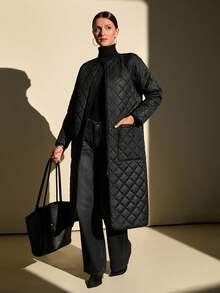 CLARA VERO Long Quilted Coat With Diamond Stitch Design, Crew Neckline, Front Snap Closures, Dual Patch Pockets, Timeless Urban Outerwear - Black - View 5