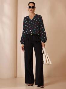 Glamance Maria Clara Maia 心形与波尔卡圆点印花优雅休闲女式长袖衬衫，适合秋季，黑色上衣 V 领衬衫心形印花衬衫心形印花上衣 90 年代上衣 - 彩色 - 查看 4