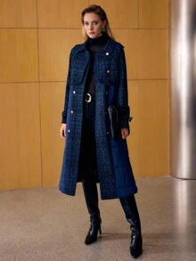 MOTF PREMIUM 系腰带双排扣夹棉大衣 - 寶藍色 - 查看 1