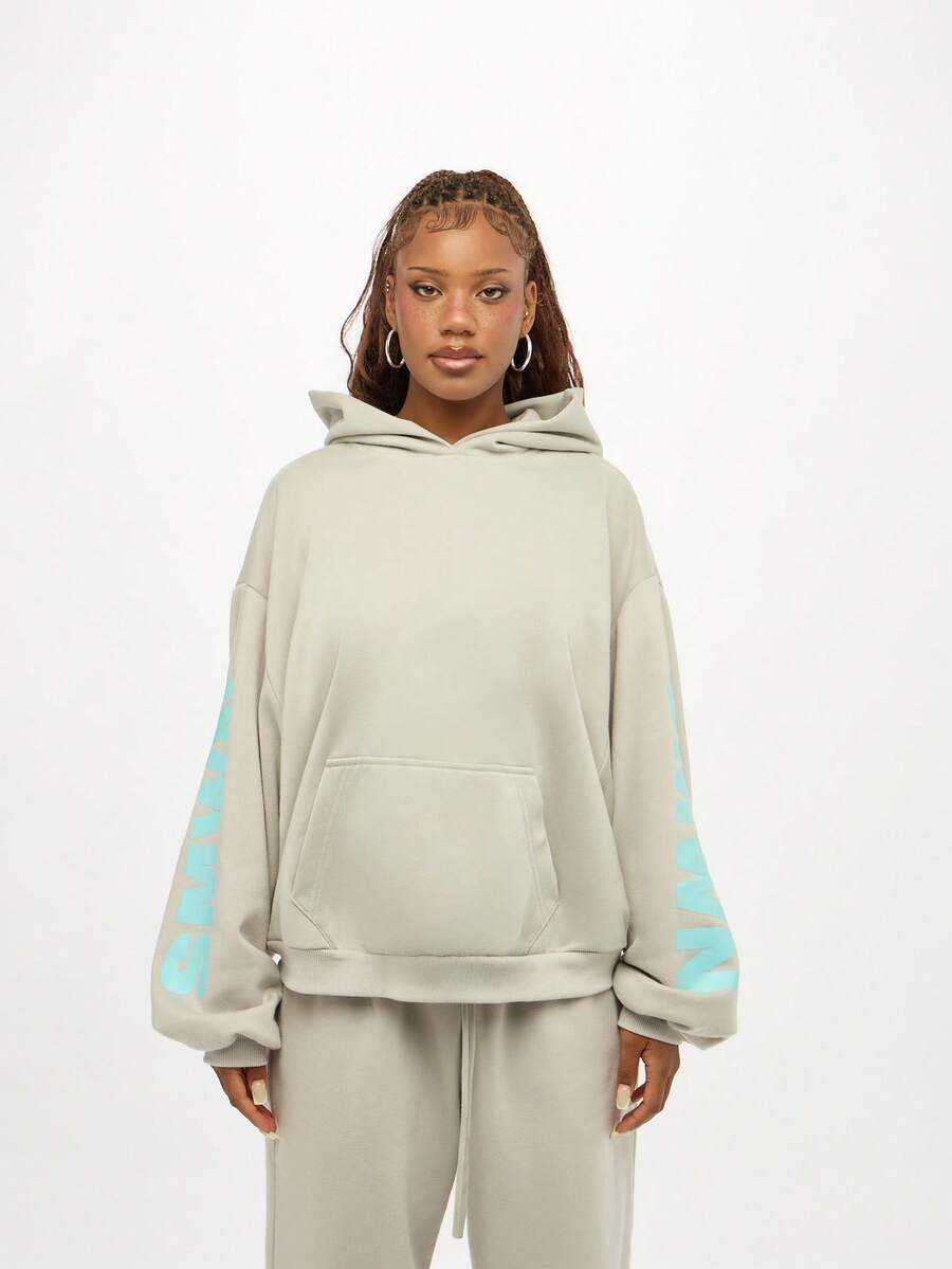 SUMWON WOMEN Áo hoodie oversized ấm áp dạo phố có lót lông cừu, mũ trùm đầu rút dây cao cấp, thời trang đô thị hiện đại, trang phục thiết yếu cho phụ nữ mùa thu đông - Xám - Xem 1