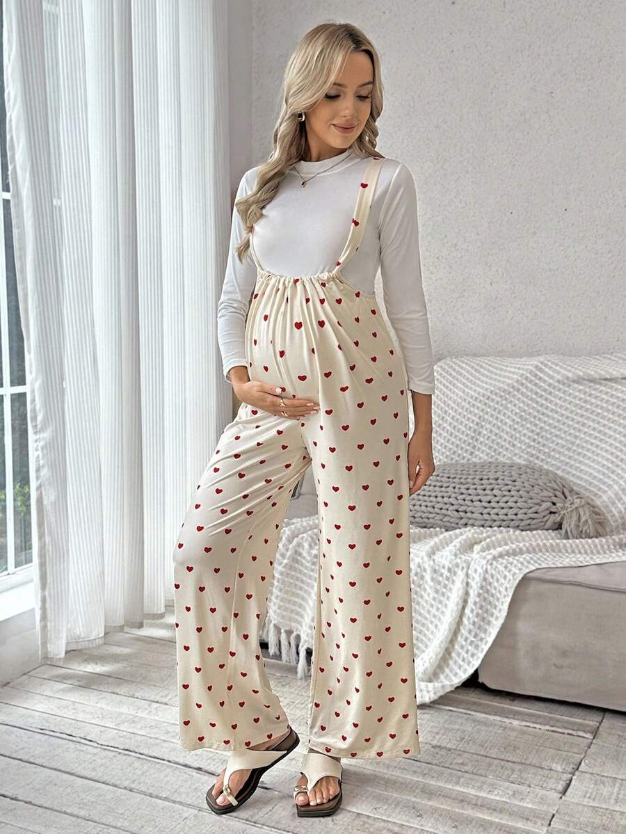 SHEIN 心形印花舒适休闲孕妇背带裤 - 彩色 - 查看 1