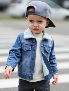 SHEIN Playful Pals 1pc Baby Boys' Casual Washed Light Blue Denim Jacket With Thermal Lined And Foldover Collar, Suitable For Baby Boys Autumn/Winter Fall - Light Wash - View 3
