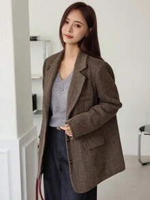 Dazy-Less Women's Loose Business Casual Plaid Knitted Thickened Coat, Autumn/Winter Modest Fashion - Brown - View 5