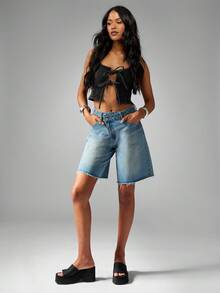 MISSGUIDED Lace Up Front Denim Crop Top Y2K Fashion Festival Grunge Style Streetwear Corset Tank Top Summer Spring Sleeveless Cut Out Design - Black - View 3