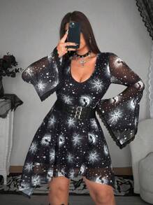 Whyspr Grunge Punk Plus Size Women Dress,Black And White Fitted A-Line Flounced Asymmetric Sleeve Printed Fairy Elegant Night Out Club Autumn Halloween - Multicolor - View 2