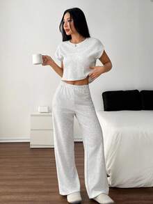 SHEIN PETITE Grey Knit T-Shirt And Pants Women's Loungewear Set Two Piece Lounge Set Two Piece Set Women Grey Two Piece Set Casual Two Piece Set Comfortable Two Piece Set